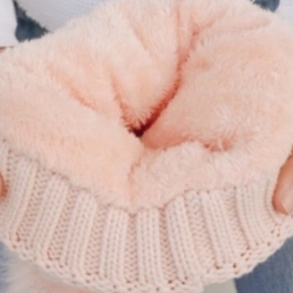 Knit Pom Pom beanie with plush lining. Pink, hat, cap, winter, soft, warm, lined - Picture 4 of 5